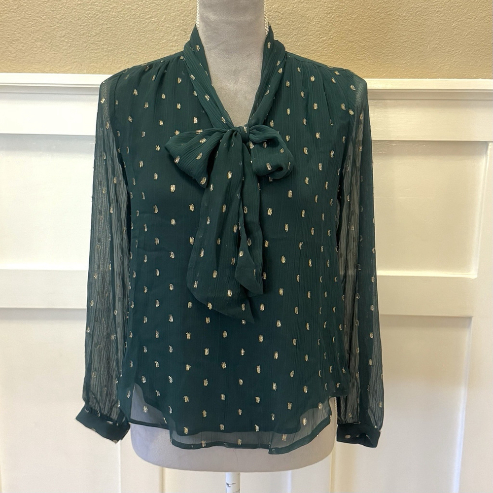 NWT Ann Taylor Sequin Dotted V Neck Bow Blouse Shirt Size:XSP Deep Green